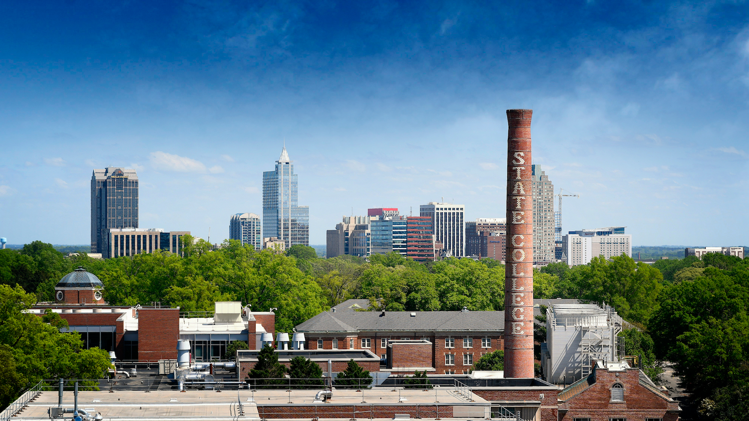 Downtown Raleigh skyline, framed by the State College smoke stack.