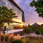 The sunset reflects on the windows of Hunt Library.