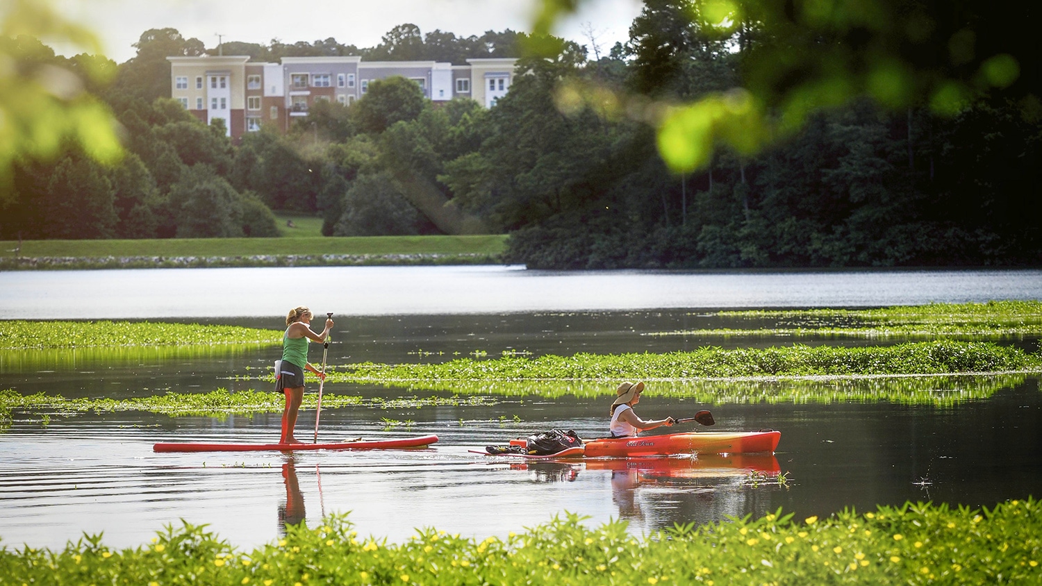 A person in a kayak and a person on a stand-up paddle board paddle across Lake Raleigh with trees and buildings in the background.