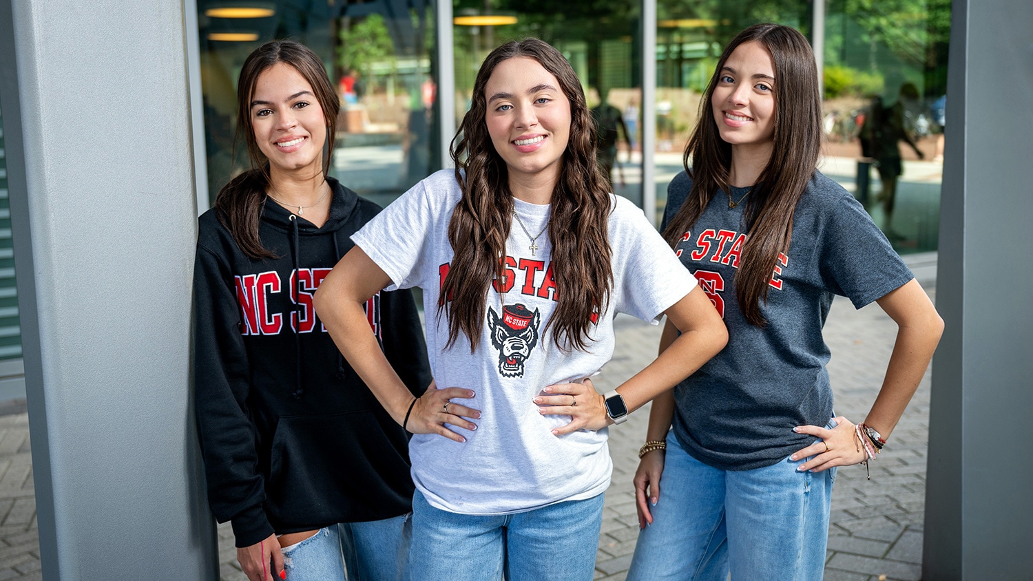 Portrait of Kaylee, Allison and Natalie Toro taken outside of Talley Student Union.