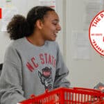 A student works at NC State's Food Pantry, alongside a graphic announcing the dates of the 2024 Pantry Bowl: Nov. 24 to Dec. 1.