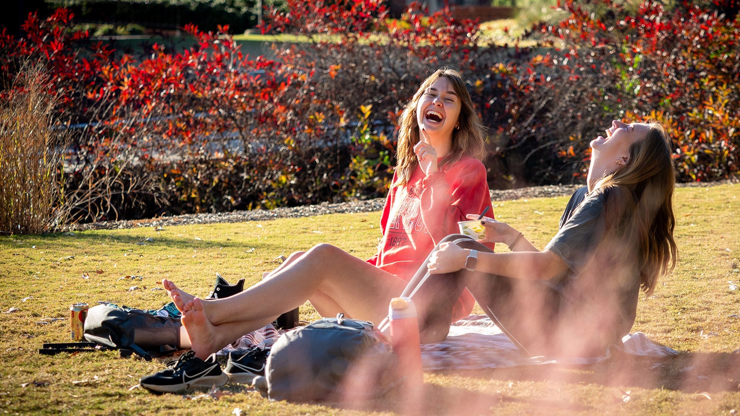 Two students laugh together sitting on a lawn.